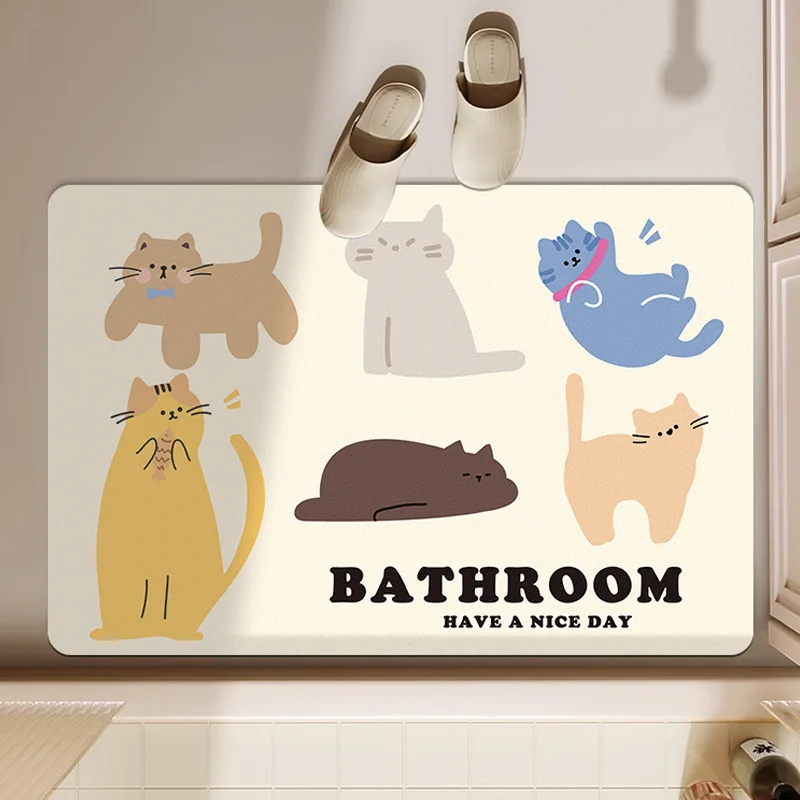 

Cute Cartoon Pet Diatomite Bath Mat Quick-drying Absorbent Non-slip Mat with "Bathroom" Text for Playful Bathroom Decor