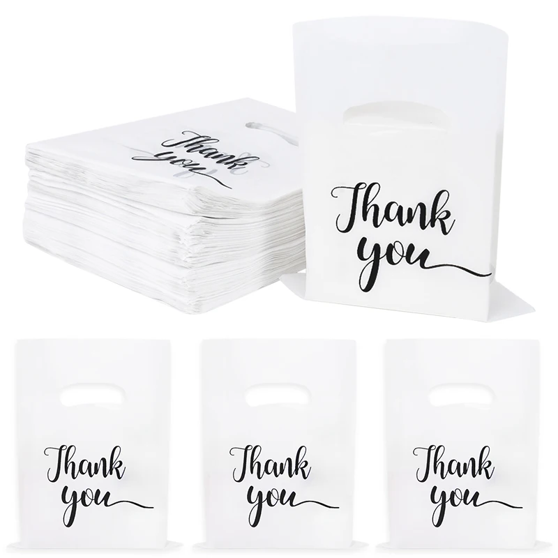 

100Pcs Thank You Gift Bags With Handle Plastic Candy Cookie Packaging Bag Wedding Birthday Party Favors for Guest Small Business