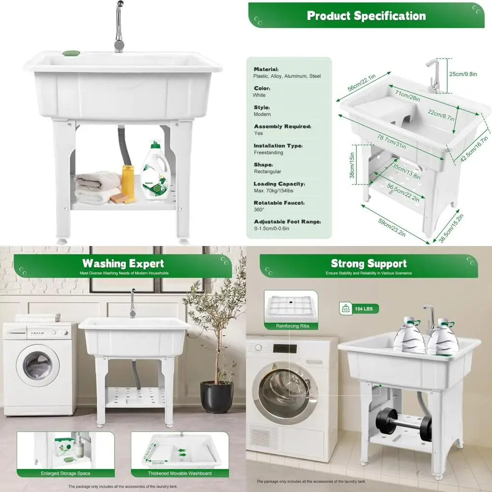 

Отдельно стоящая пластиковая мойка для стирки с смесителем для горячей/холодной воды и стиральной доской, напольная универсальная мойка для дома