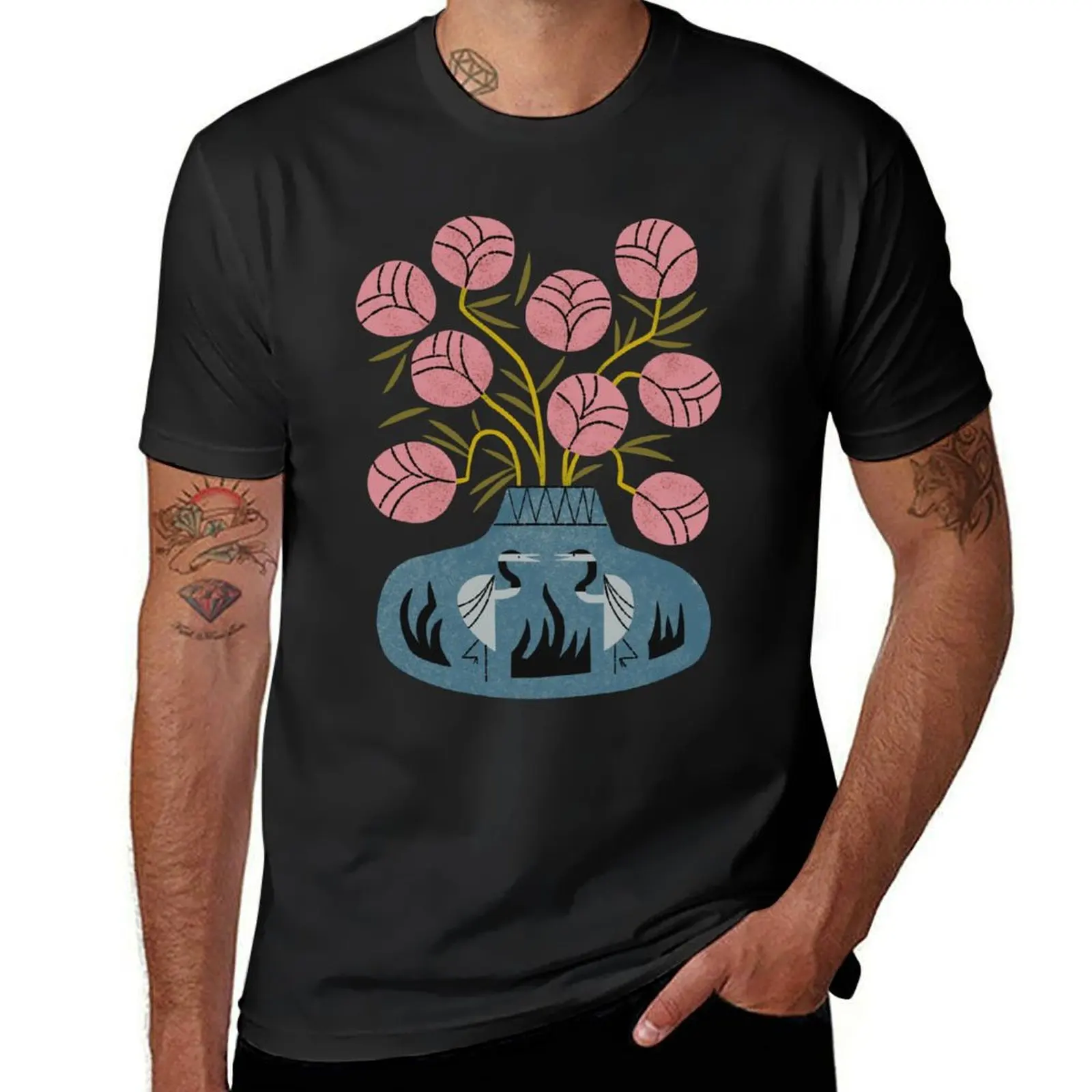 Pink Bouquet and Crane Vase T-Shirt vintage clothes oversized hippie clothes cute clothes Men's t-shirts