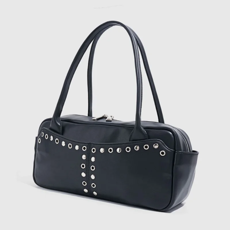 

Designer Brand Studded Shoulder Bag Women's Casual Black Punk Style Cool Motorcycle Handbag Bowling Bag Fashion Underarm Bag