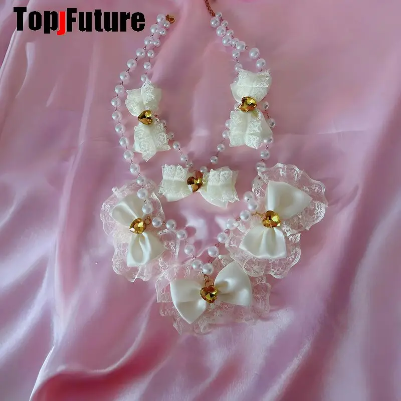 Y2K Coquette Subculture Shibuya Hime Gyaru Lace Trim Bow Heart Rhinestone Pearl Necklace Harajuku Sweet Lolita Women  Jewelry