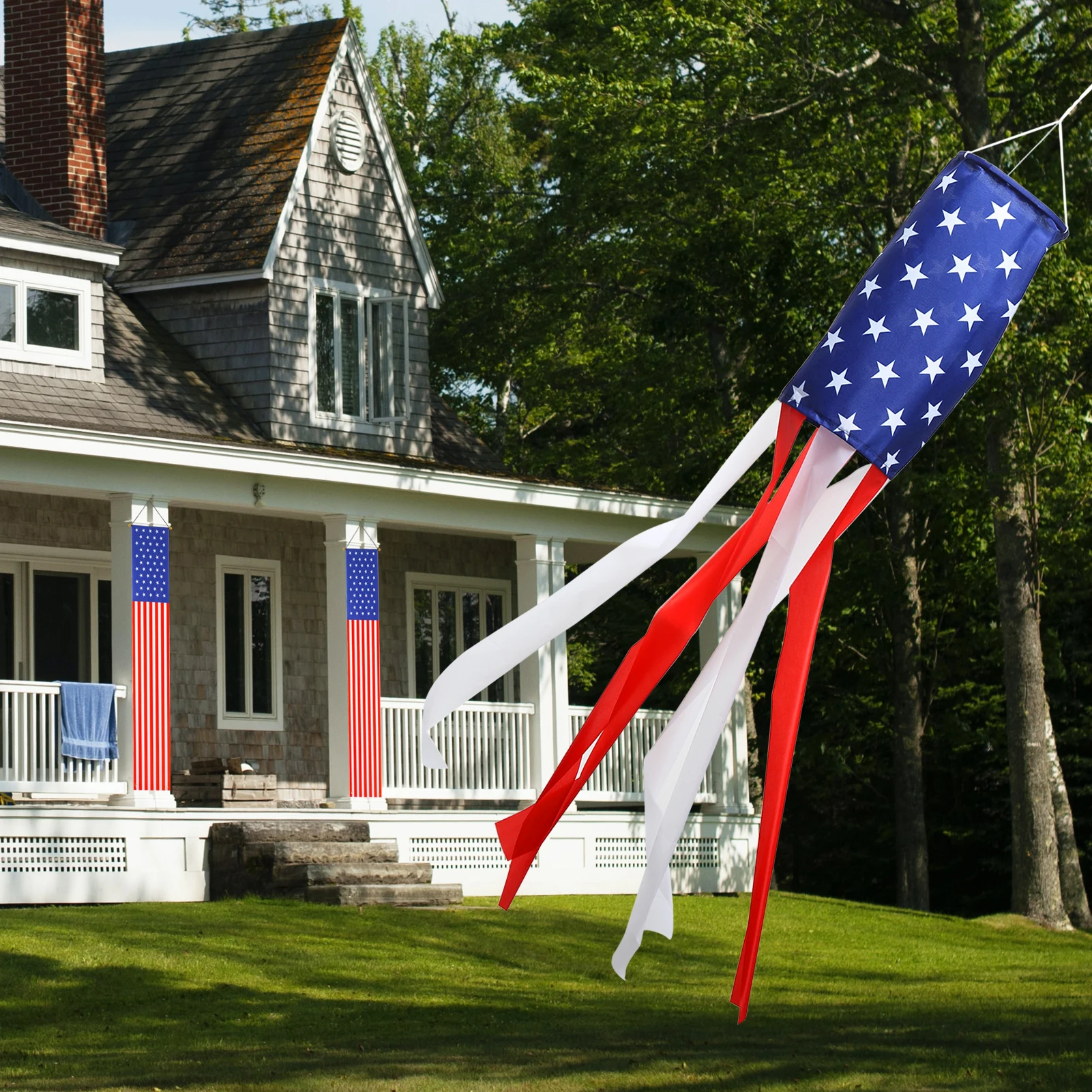 4th of July Patriotic Independence Day Decorations 3PCS Hanging Flag Banners Porch Sign 60 Inch American US Flag Windsock