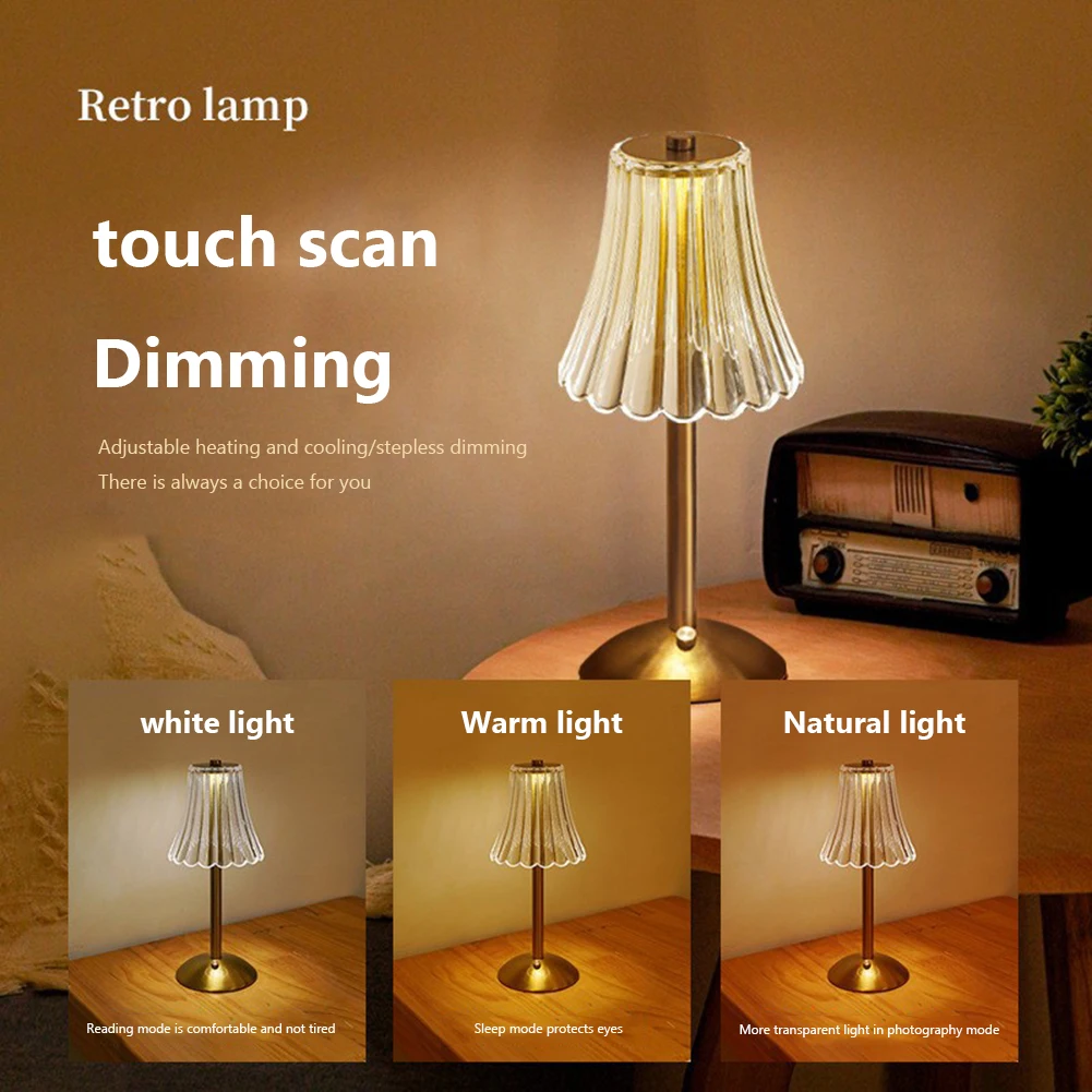 Crystal Diamond Table Lamp Rechargeable Touch Sensor Cordless Desk Lamp 3 Colors Dimmable LED Night Light for Home Decorative