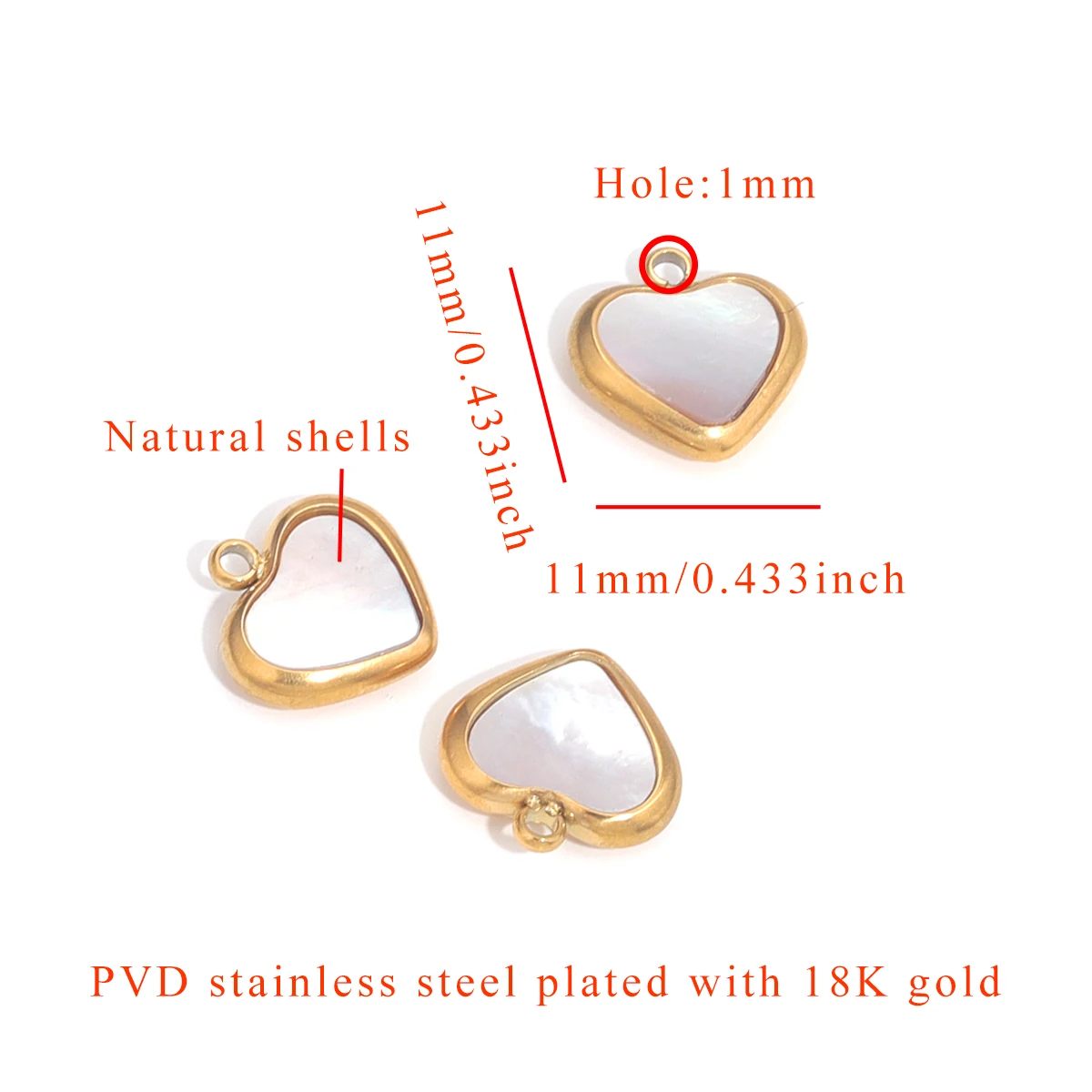 5pcs Stainless Steel Gold Plated Heart Charms Natural Shells Charm Beads for DIY Women Necklace Bracelet Jewelry Craft Wholesale