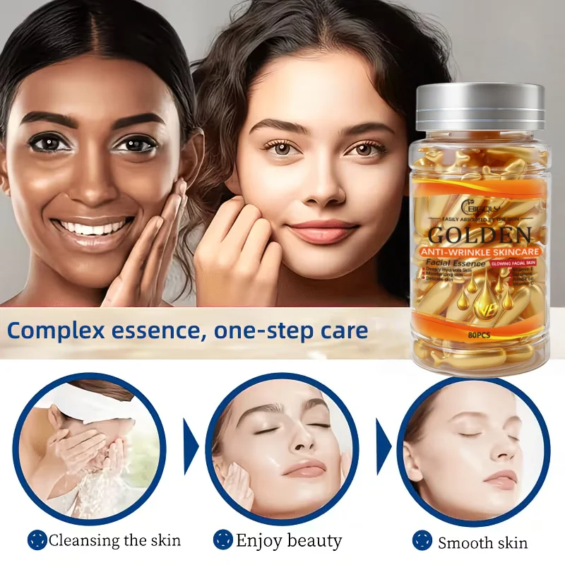 80 Cápsulas de Sérum Facial Anti-Rugas, Rico em Vitamina C, Vitamina E, Esqualano e Outros Ingredientes, Hidrata e Nutre a Pele, Deixa a Pele Lisa e D