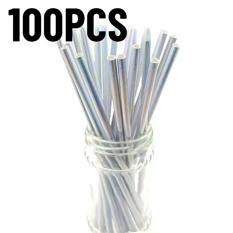 100PCS Disposable Paper Straws Laser Rainbow Straws Cocktail Drinks Juice Beer Birthday Party Wedding Christmas Supplies