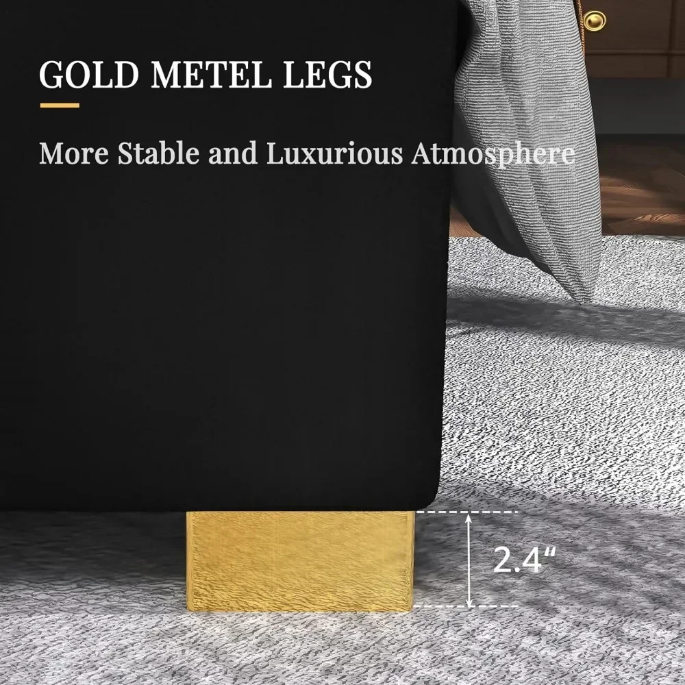 Rangka Tempat Tidur Platform Ukuran King, Tempat Tidur Berlapis Beludru 65" dengan Headboard Trim Emas/Bilah Kayu