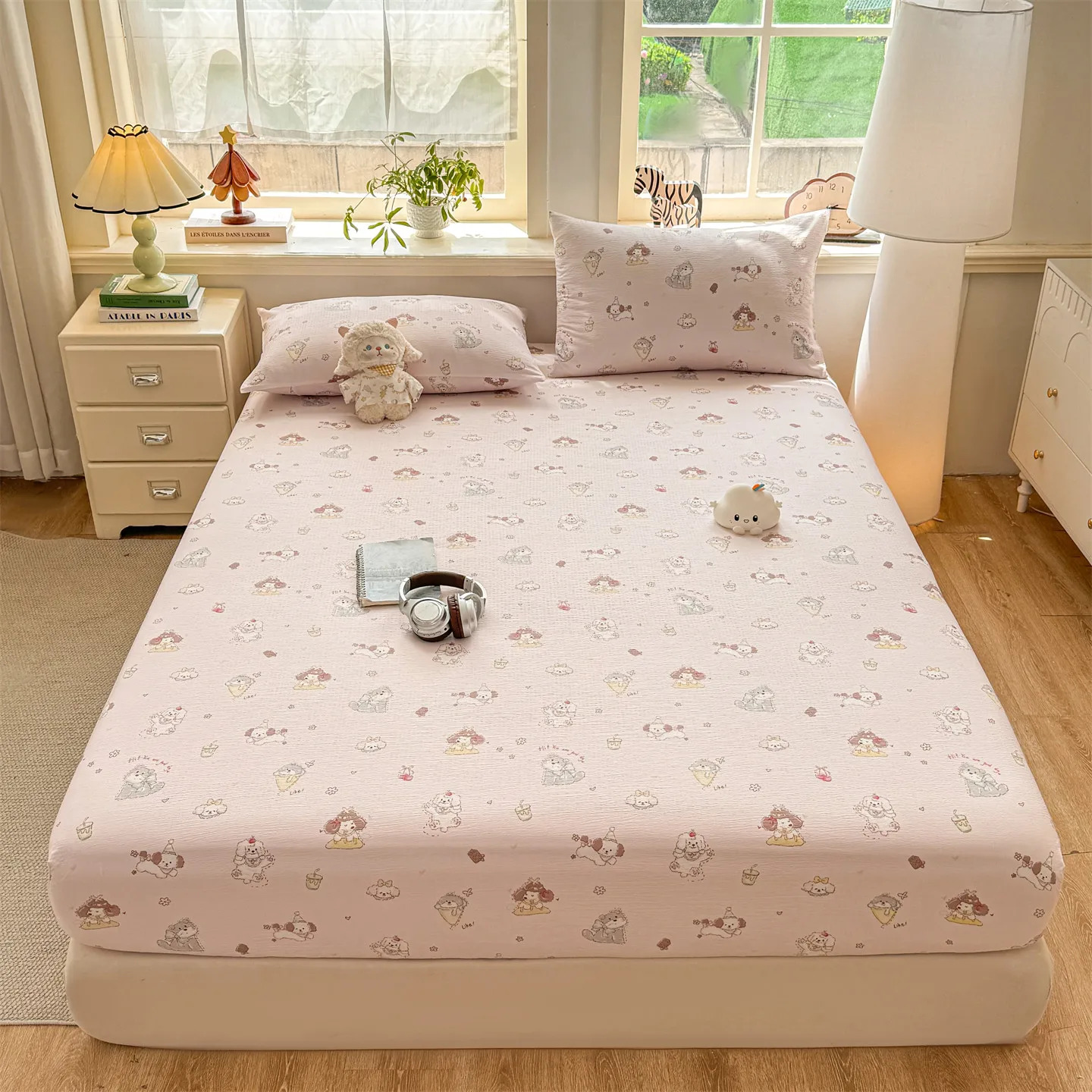 Cartoon Printed Bed Sheets Crinkled Gauze Fitted Sheet with Elastic Queen sabana para cama King Bed Cove colcha de cama casalr