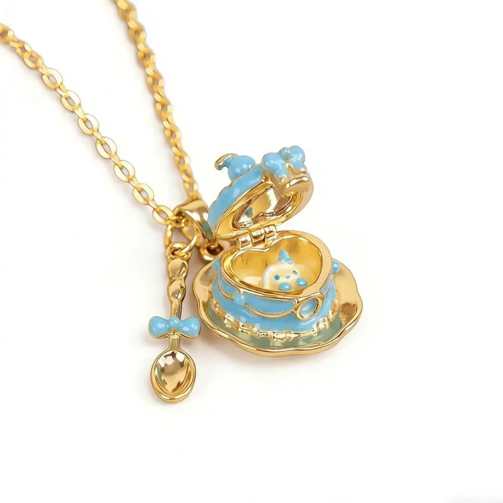 Metal Chain Teaspoon Pendant Necklace 18K Gold Plated Opening and Closing Lid Animal Pendant Choker Charm Cup