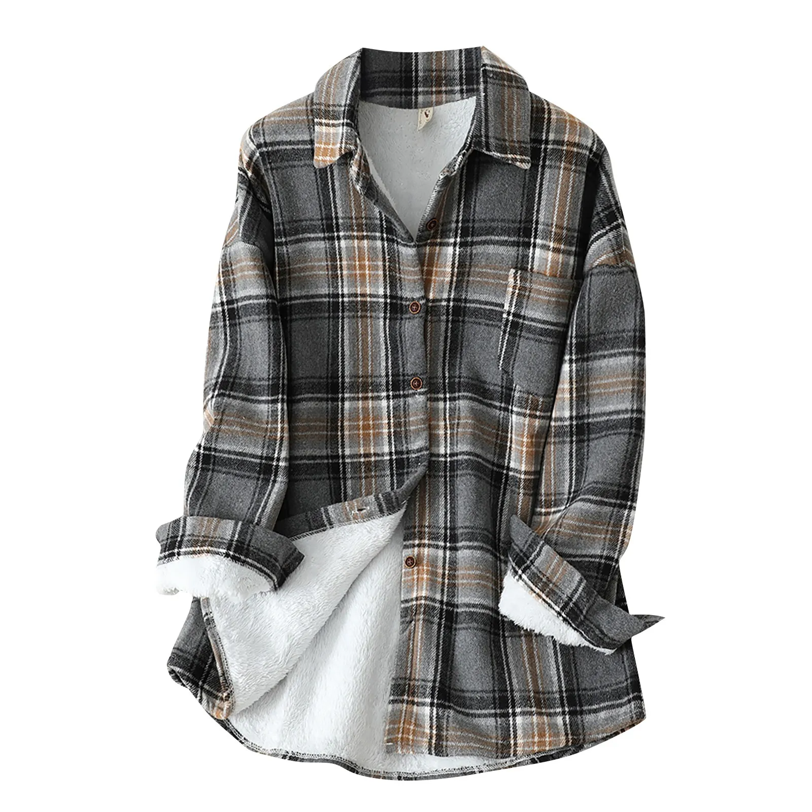 Fall Winter Womens Fleece Lined Jackets Flannel Plaid Shirts Button Down Warm Shackets Long Sleeve Coats with Pockets