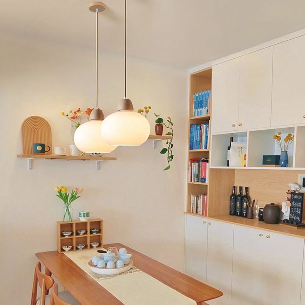 ضوء قلادة بارتفاع قابل للتعديل مع غطاء زجاجي وقاعدة خشبية، مصباح معلق ياباني ثلاثي الألوان قابل للتعتيم لجزيرة المطبخ