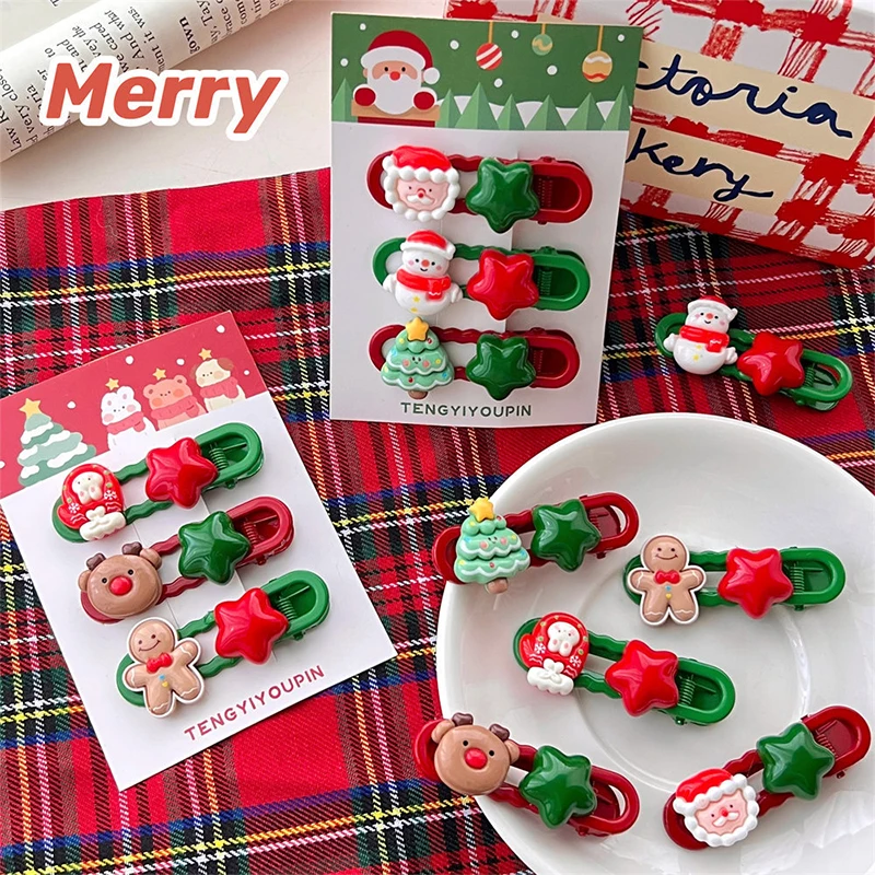 3Pcs Christmas Hair Clip Set Cute Cartoon Xmas Tree Santa Claus Hairpin Side Bangs Clip For Girls Headwear Hair Accessories