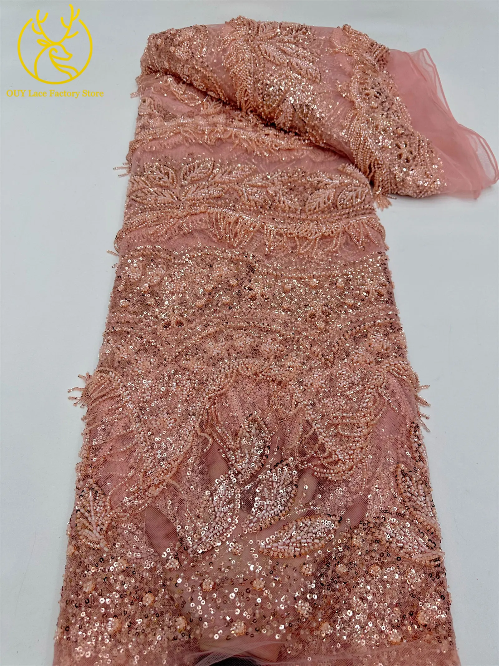 Goldener 3D-Hängeperlen-Spitzenstoff, hochwertiger afrikanischer Spitzenstoff, luxuriöser französischer Tüll mit Pailletten für Hochzeits- und Partykleider – Detail 22