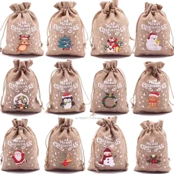 5Pcs/Lot Xmas Natural Jute Bags 10x14 13x18cm Christmas Candy Gift Bag Drawstring Pouches Nice Packaging Bags Xmas Gift Bags