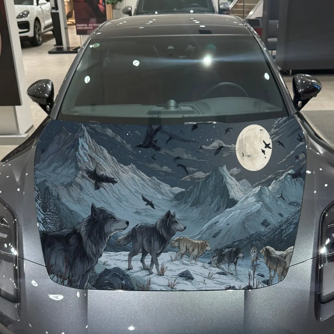 Cold Polar Snow Wolf Moonlight PVC Car Hood Wraps, Self-Adhesive Waterproof Car Bonnet Decal Sticker, Car Decoration Protection