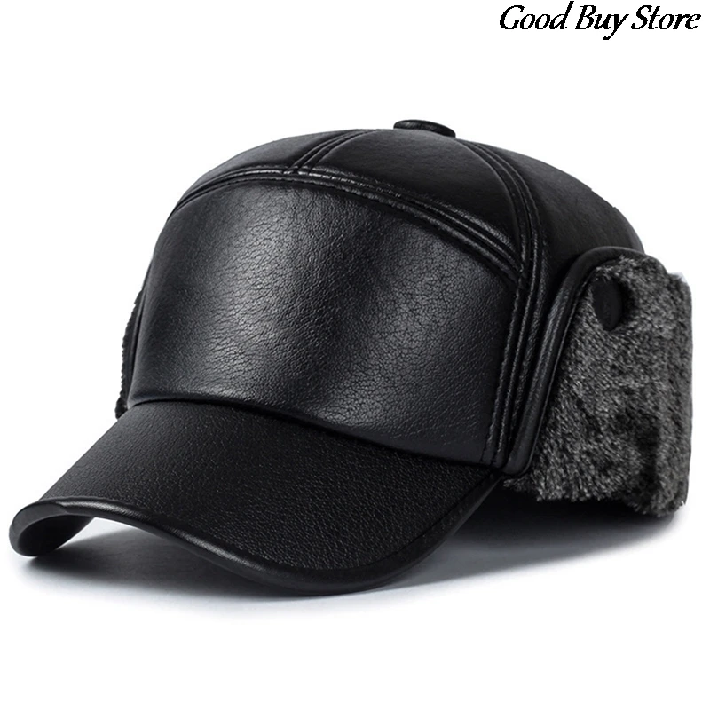 Leather Fur Snapback Caps with Earmuffs Ear Protection Bomber Hats Men Winter Baseball Hat Warm Visors Casquette Fishing Skiing