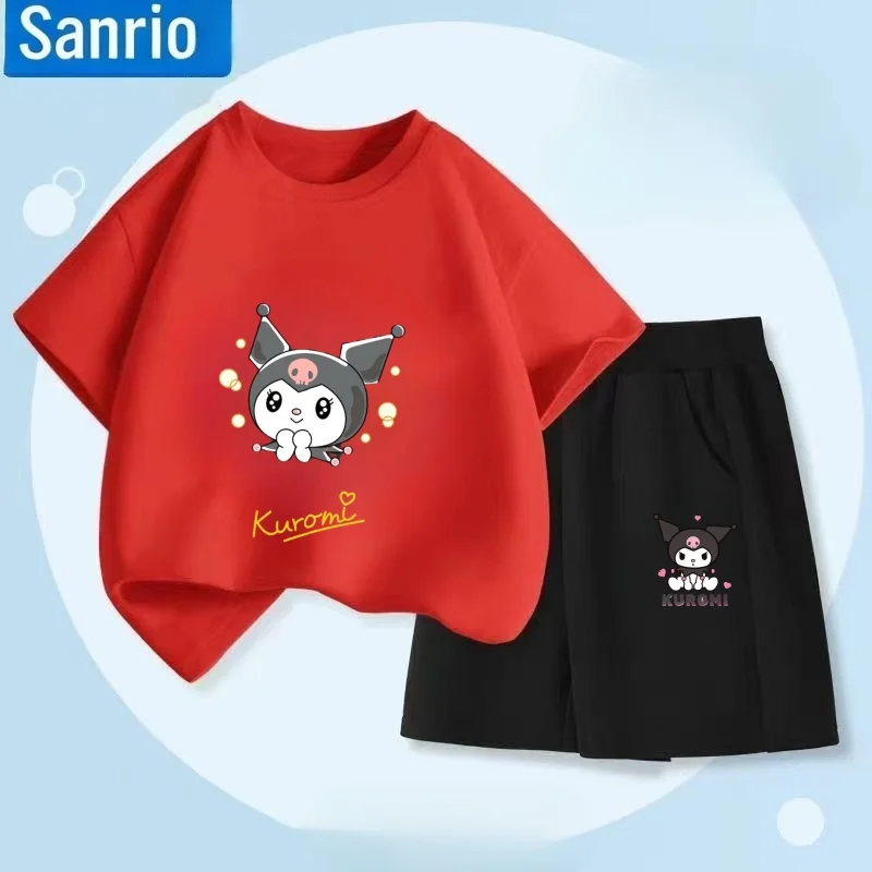 

Летний комплект одежды для маленьких девочек, детская футболка Sanrio Kuromi с мультяшным принтом и короткий костюм из двух предметов, детский спортивный костюм с короткими рукавами