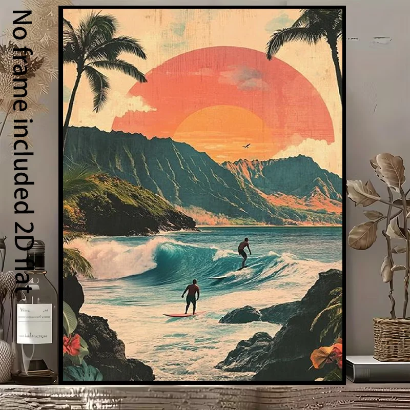 2D Flat, 2D Flat, 1pc of Decorative Canvas Art Featuring a Surfer at a Tropical Beach During Sunset, Showcasing The Beautiful