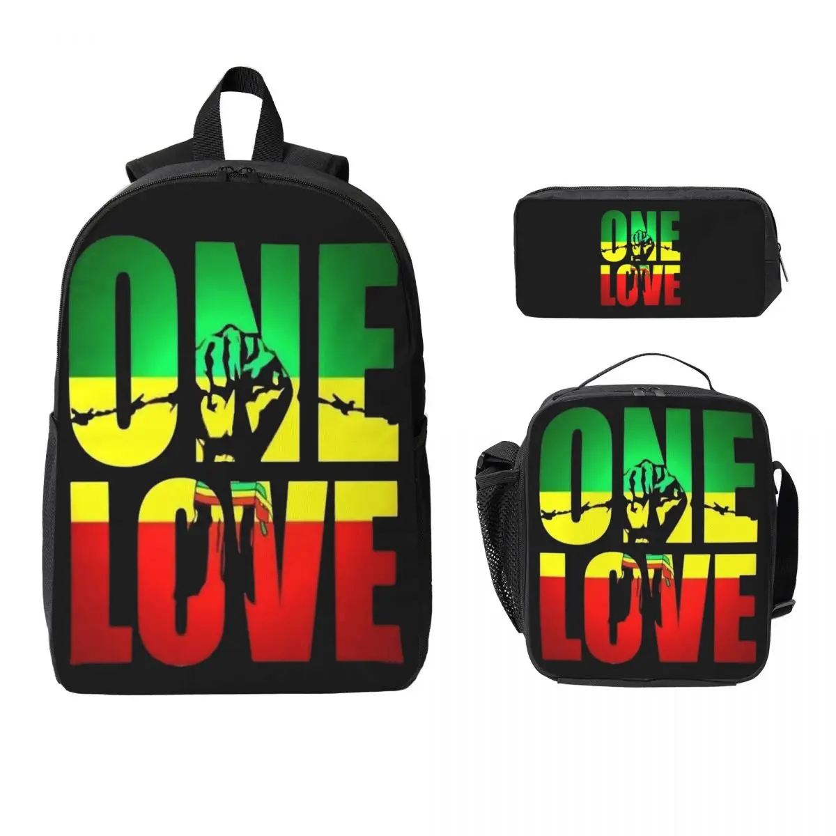 

Harajuku Vintage Style Arts Bob Marley One Love Backpack Student Boy Girl BookBag School Bag 3ps Insulated Lunch Bag Pencil Case