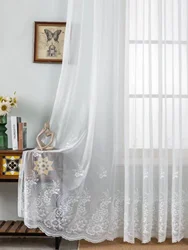 Sheer Curtains White Embroidered Floral VoileDrapes for Living room, Bedroom
