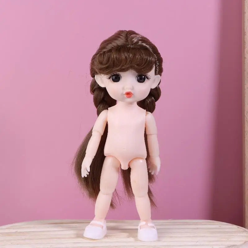 1 Set Nude Doll 3D Simulation Eyes 13 Joints Long Hair 1/8 17cm Doll Plastic Doll Head Toys With Gold Brown Hair Kids Gifts