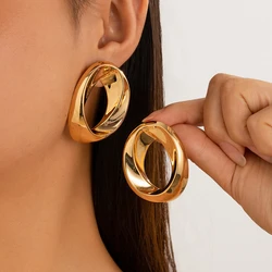 KunJoe Punk Geometric Large Round Stud Earrings for Women Exaggerated Gold Color Hollow Circle Piercing Earrings Ladies Jewelry