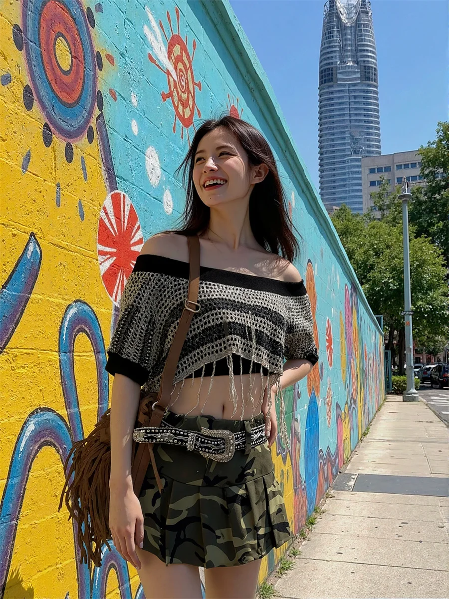 

Mini Camouflage Pleated Skirts Womens Sequined Bead Party Layered Tulle Formal Evening Bright Trendy Modern Artistic Graceful