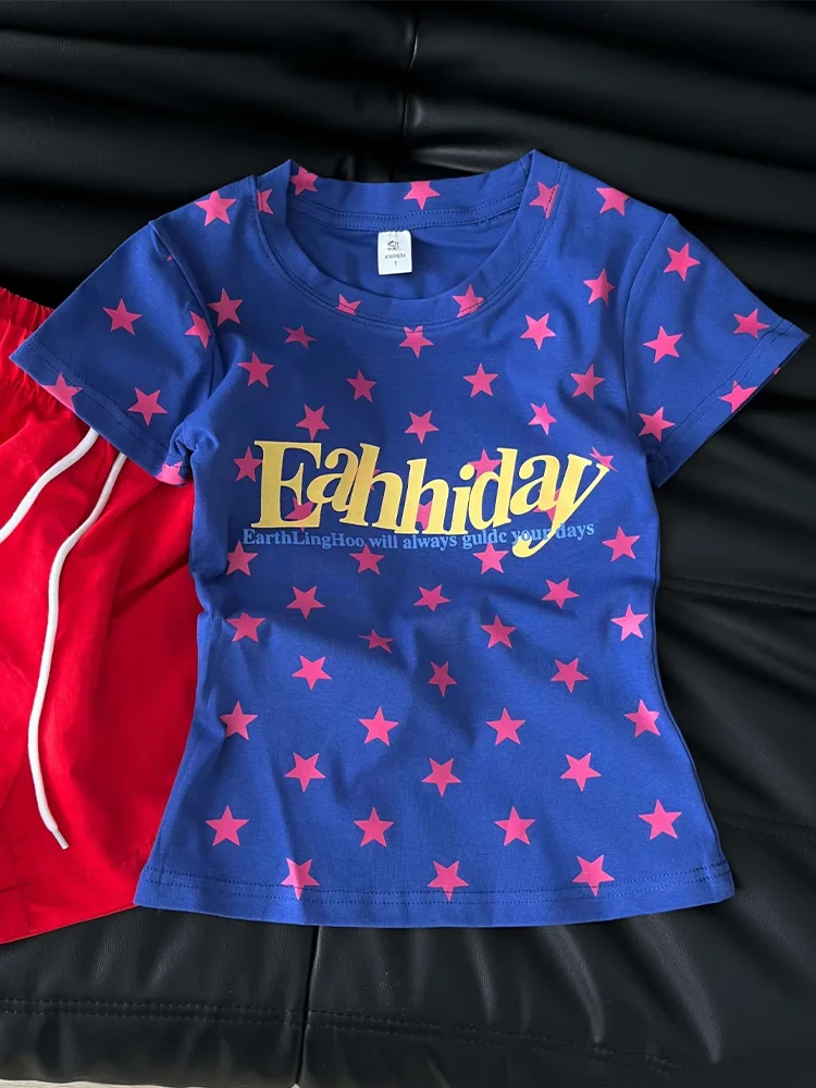 

Vintage retro blue star shoulder short sleeved t-shirt for women's summer slim fit y2k subculture slimming versatile top
