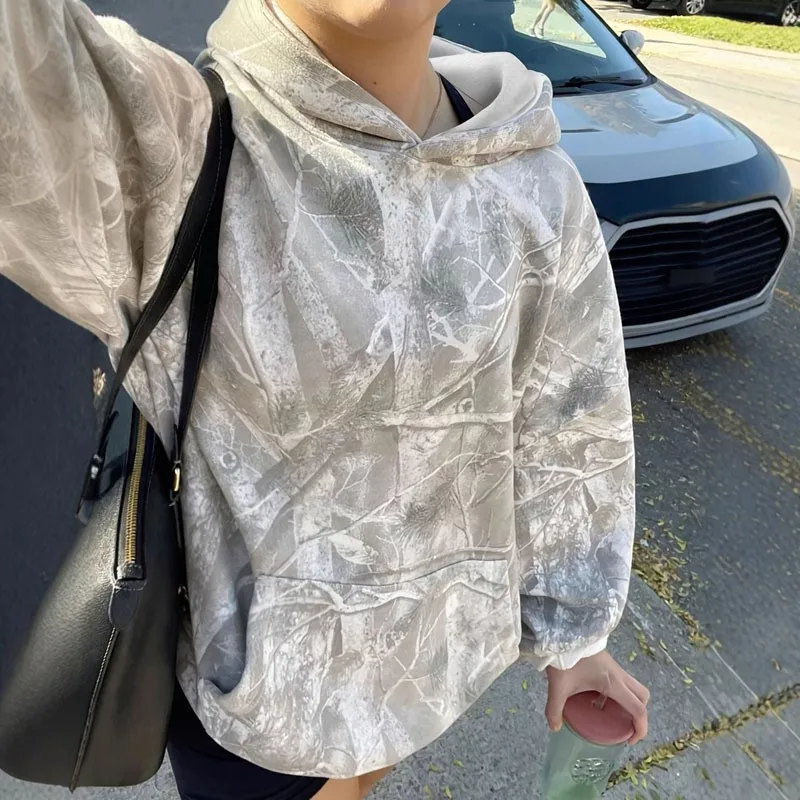 Outono novo ramos mortos impressão hoodies feminino 2025 casual solto manga longa grande bolso fatos de treino y2k streetwear bluzy damskie