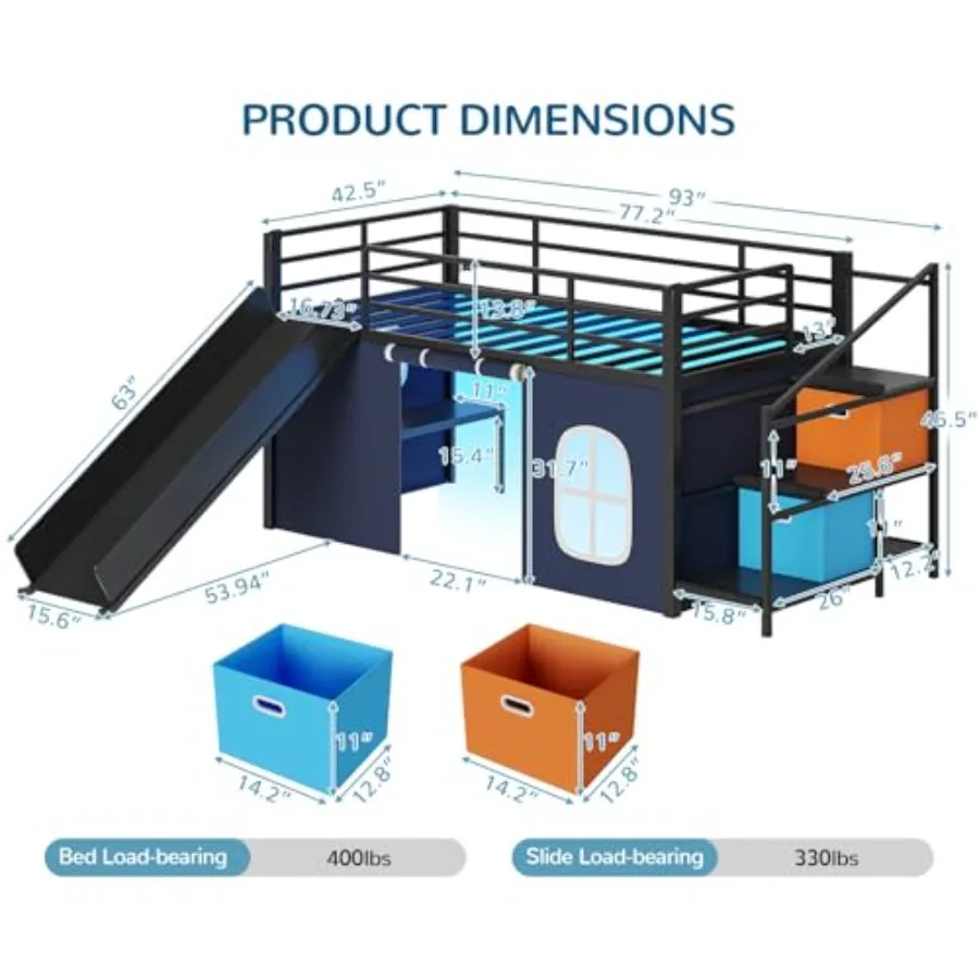 Twin Low Loft Bed for with Slide Safety Staircase, 2 Storage Drawers, LED Lights, Under-Bed Play Tent, Built-in Desk, Metal Fra
