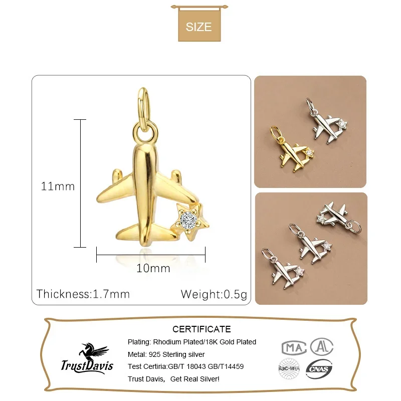 TrustDavis Real S925 Sterling Silver Plane Aircraft Shiny CZ Charms Pendant For Bracelet Necklace DIY Accessories Jewelry HY300