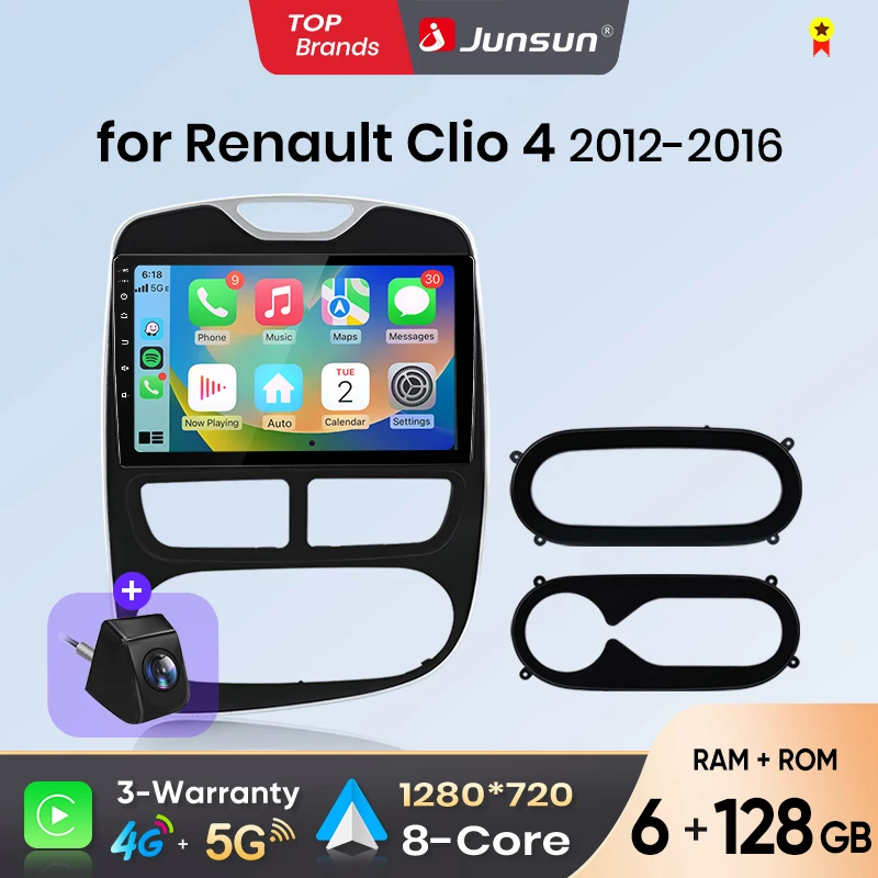 Autoradio Android Auto Junsun pour Renault Clio 4 2012 2013 2014 2015 2016 2017 2018 2019, système multimédia intelligent sans fil Apple CarPlay, écran tactile IPS, lecteur vidéo stéréo, autoradio 2 Din, navigation BT GPS 4G WIFI FM AM DSP RDS SWC