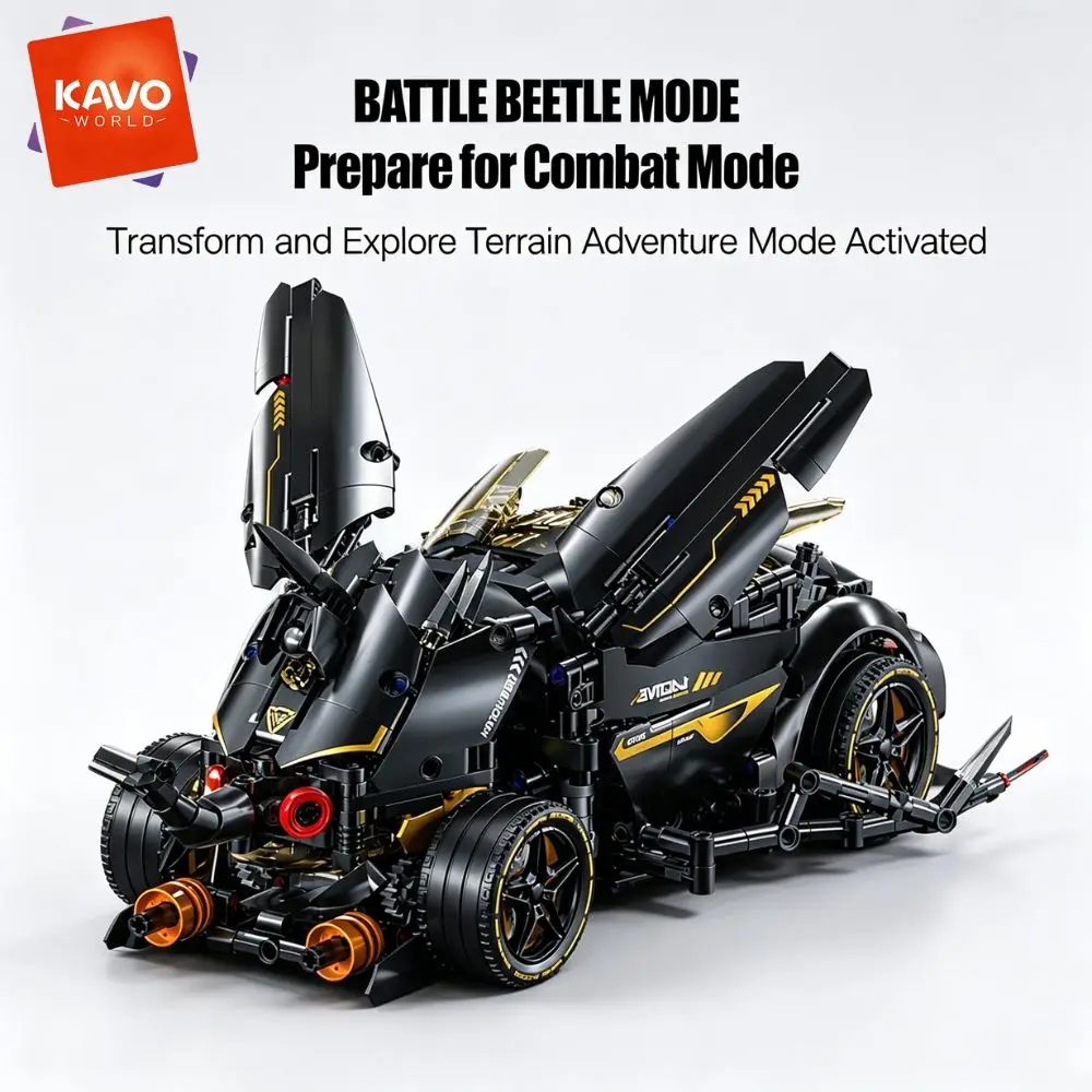 KAVOWORLD 1248pcs MOC Black Racing Car Building Blocks 2 Modes Bee Mecha Robot Sports Car Bricks Model Transformable Racer STEM Construction Vehicle Toy Collectible Ornament for Home Decor Desk Birthday Christmas Halloween Gifts for Boys Girls Adults