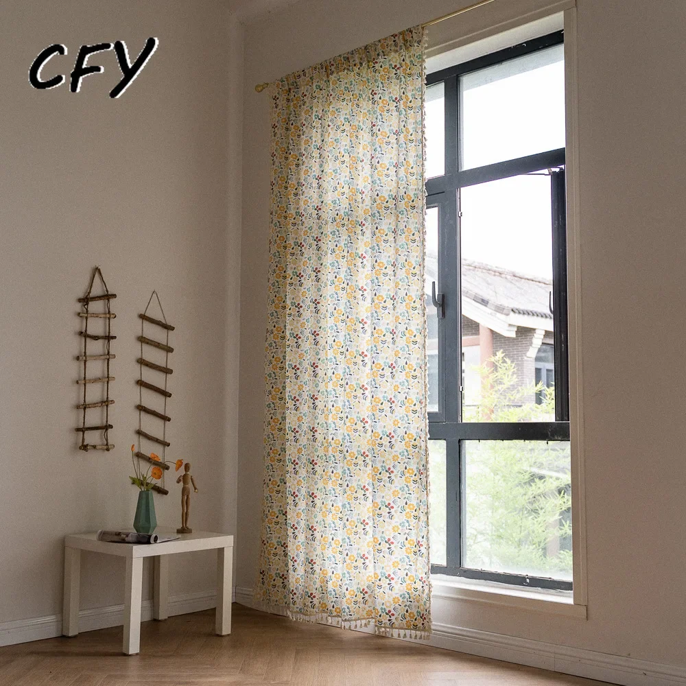 

Cotton Linen Korean Floral Blackout Window Curtains with Tassel for Bedroom Kitchen Curtains Country Style Living Room Curtain