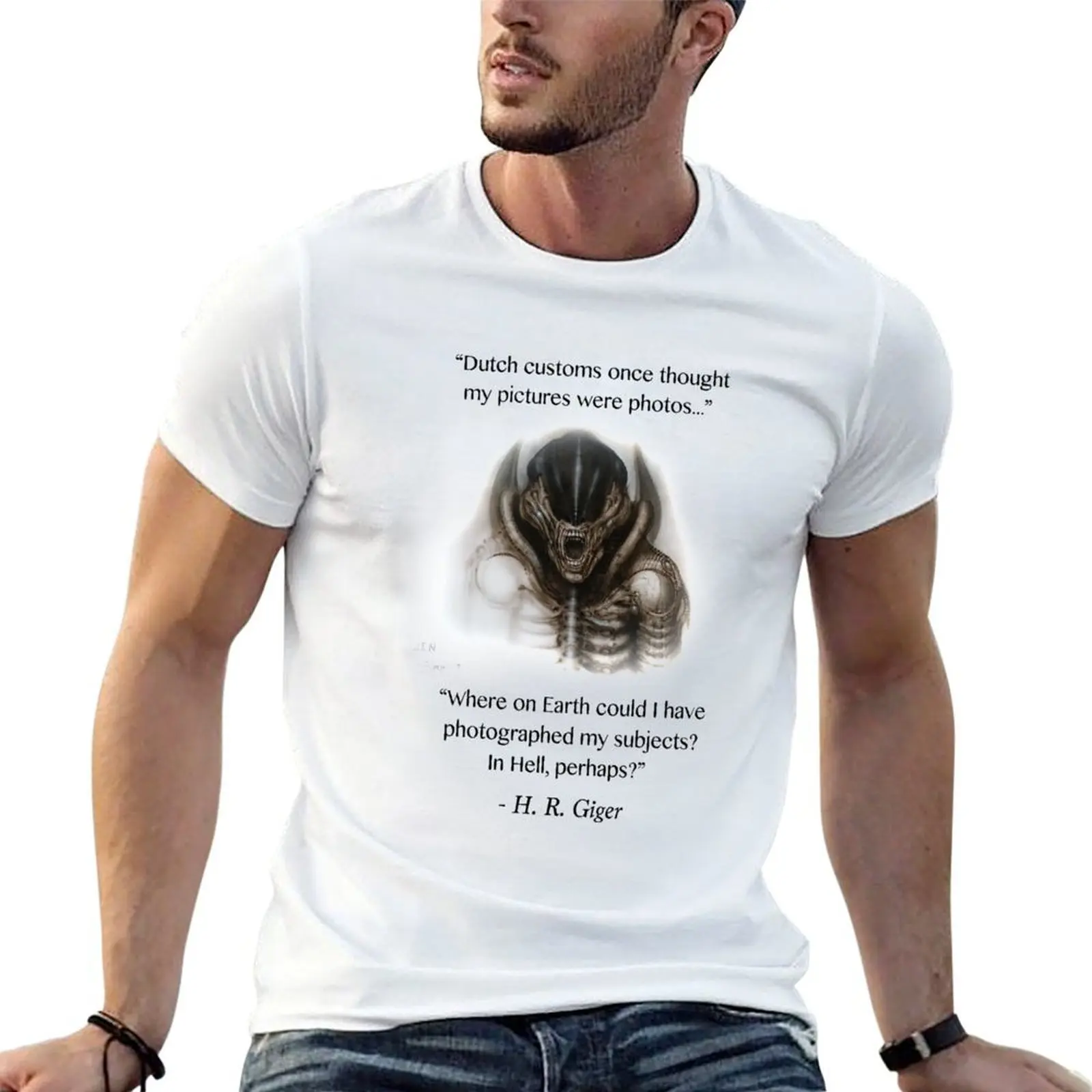 H. R. Giger Quote w/ '78 Alien Drawing (white background only) T-Shirt t shirts for man graphic tees t shirt man cotton T-Shirt
