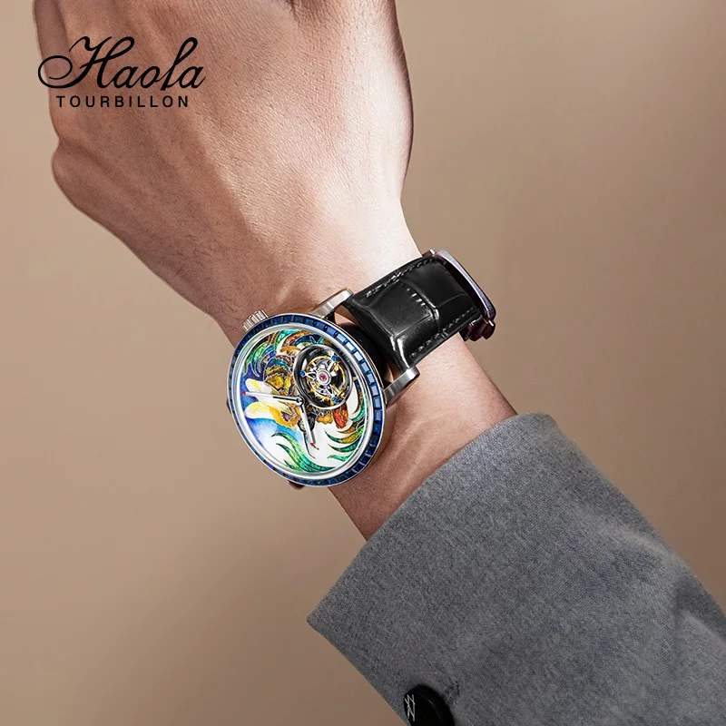 Hoafa Flying Tourbillon Mechanical Mens Watch Intangible Heritage Enamel Oriental Colored Zircon Bezel Designer Luxury Watch2261