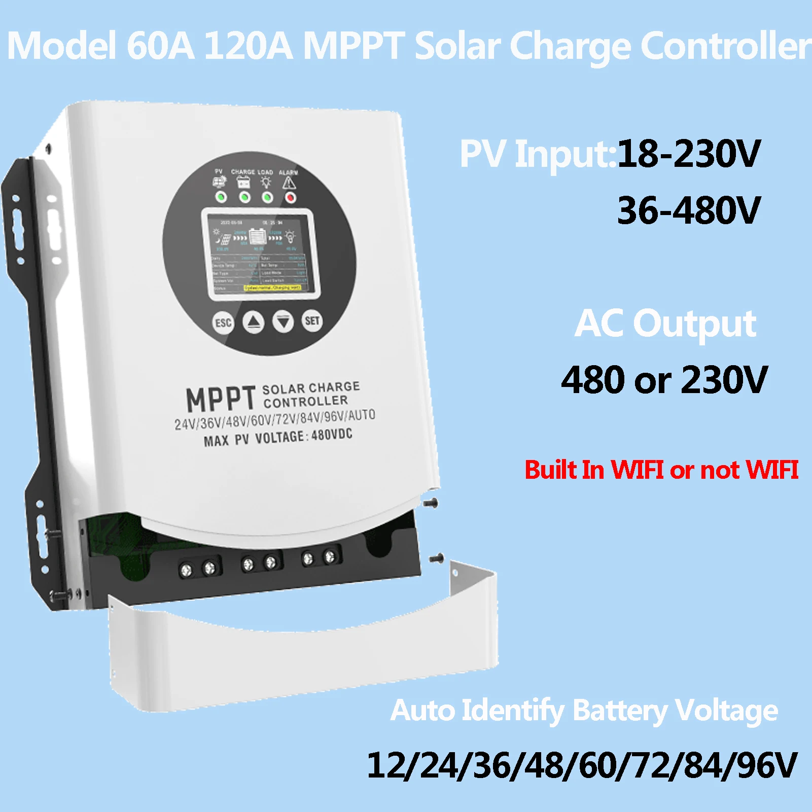 60A 120A MPPT Solar Charge Controller Or In WIFI Identify Voltage 12/24/36/48/60/72/84/96V PV Input 18-230V or 36-480V