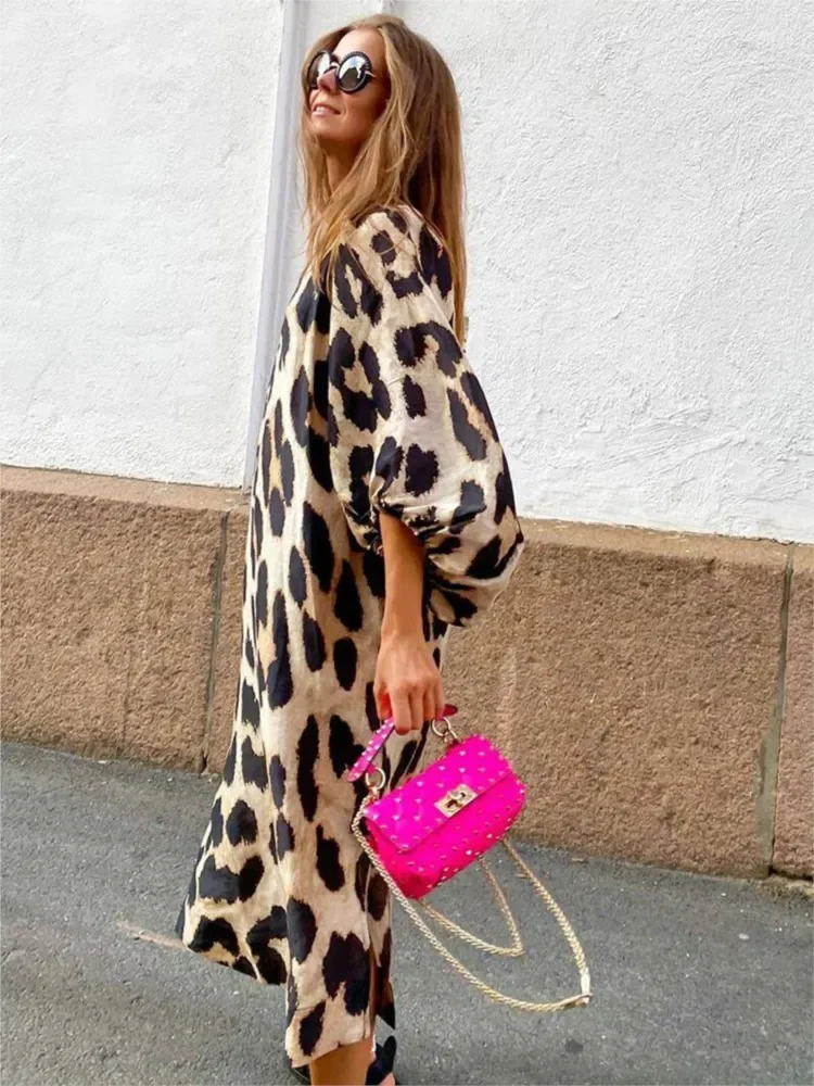 Abito lungo ampio con stampa leopardata con maniche a lanterna primavera estate per le donne Abiti maxi Boho femminili casual alla moda oversize