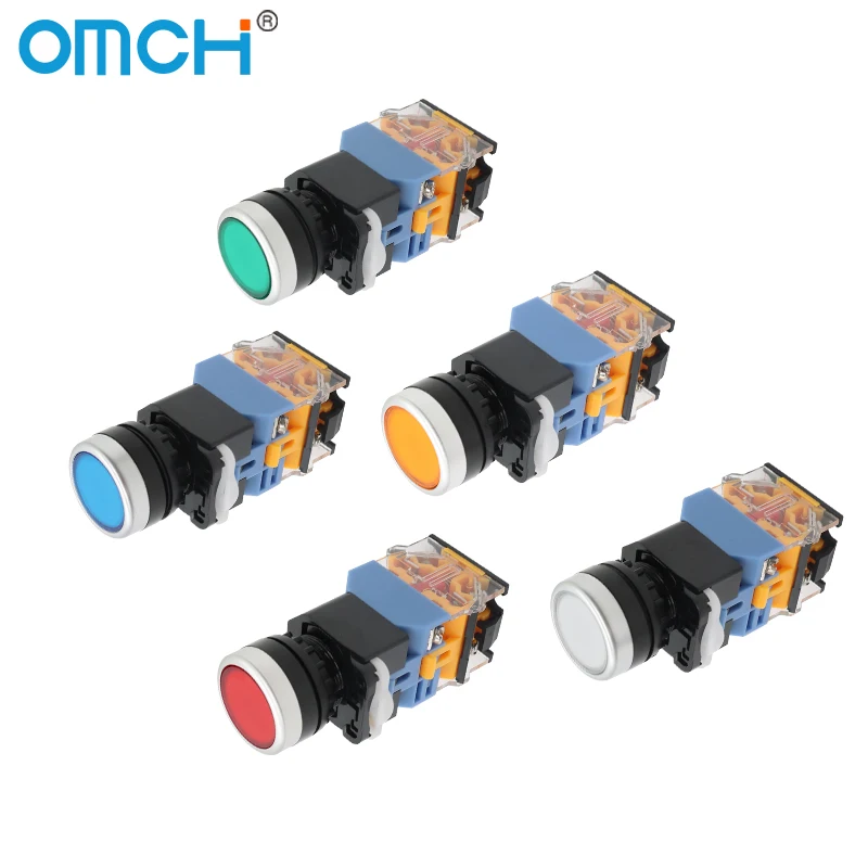 OMCH LA38-11D/LA38-DZS Flat Button Switch with Light 22mm Self-resetting Self-locking AC220V AC380V DC12V DC24V Control Button