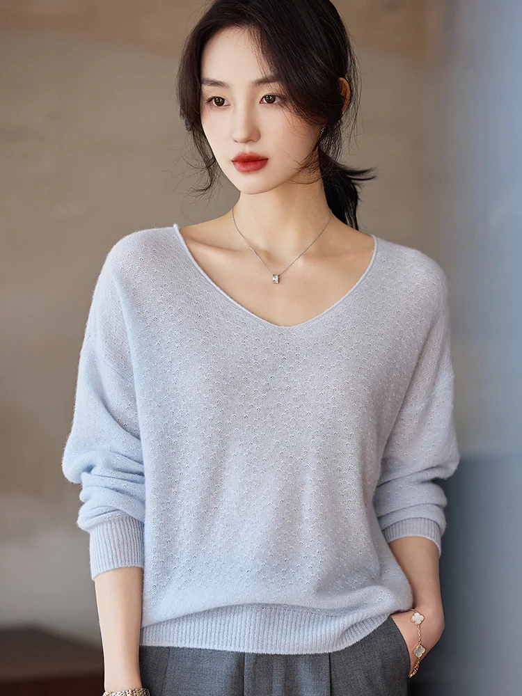 Maglione da donna con scollo a V Pullover 2025 100% lana merino lavorata a maglia a maniche lunghe Top Primavera Autunno Nuovo sciolto morbido tinta unita Nozioni di base