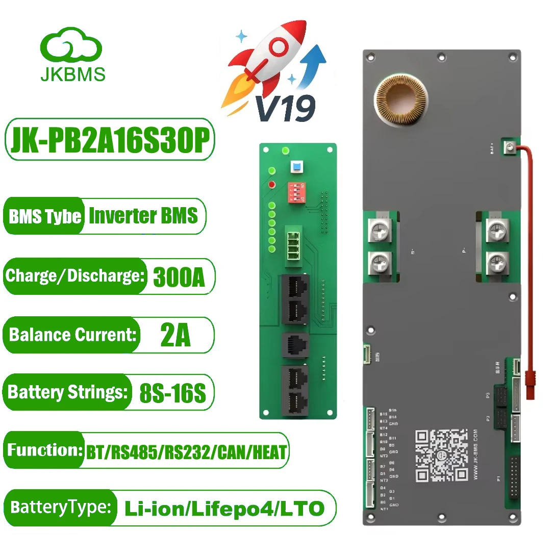 

JK Инвертор BMS Active Balance 2A 16S Lifepo4 Система управления аккумулятором 48V Li-ion LTO Energy Storage 8S 10S 12S 14S 300A RS232
