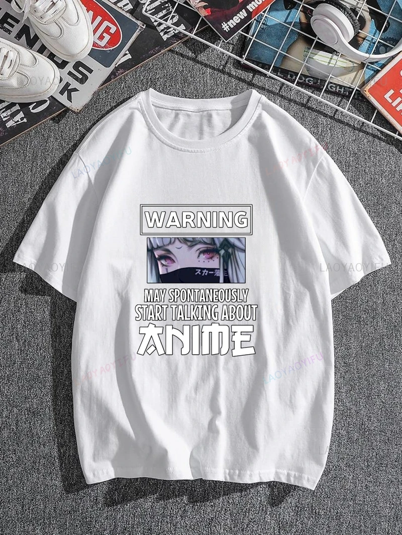 Warning Anime,may Spontaneously Start Talking about, Unisex Stylish Shirts, Casual Cotton Crewneck T-shirts for Anime Lovers