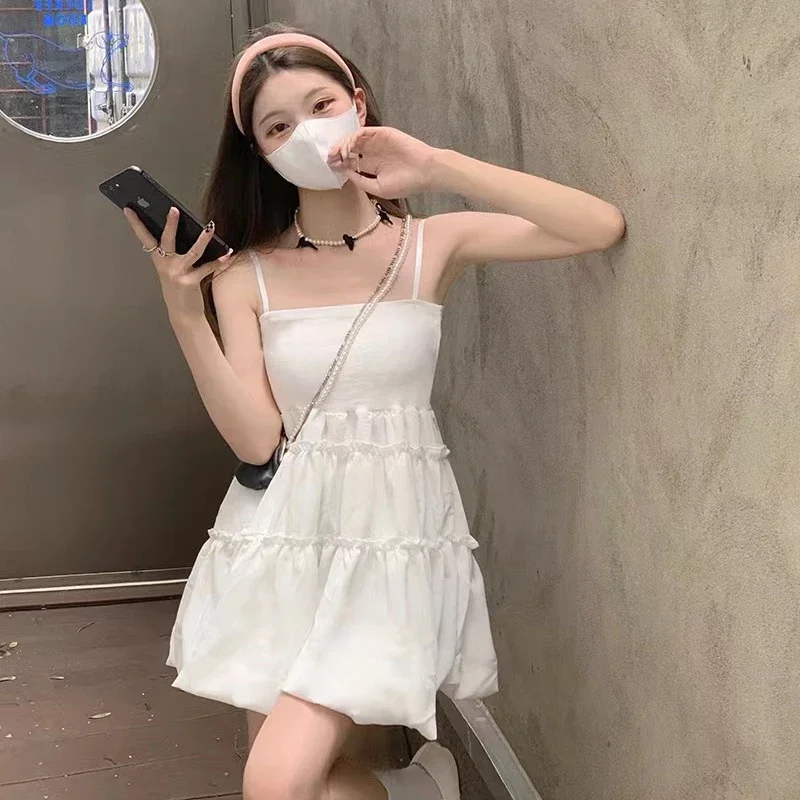 Gothic Black Fluffy Camis Dress Women Summer Fashion Spaghetti Strap White Dress Female Sleeveless Birthday Party Dress New 2024