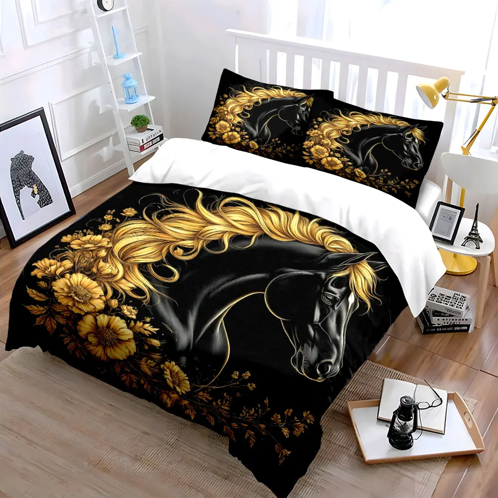 Golden Floral Horse Art Set  kid's and adults' bedroom decor, Exquisite three-piece bedding set gift