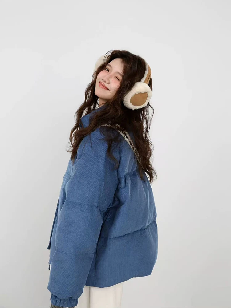 Parkas de pana Vintage para Mujer, abrigos coreanos holgados con cuello levantado, abrigos hinchados cálidos Y2k para invierno, prendas de vestir exteriores cortas con cremallera Preppy gruesas para Mujer
