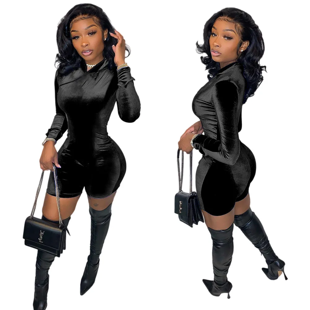 Fashion autumn winter Turtleneck Velvet Jumpsuit Back Zipper Party Women overalls Long Sleeve Sexy Slim Romper ClubWear Playsuit