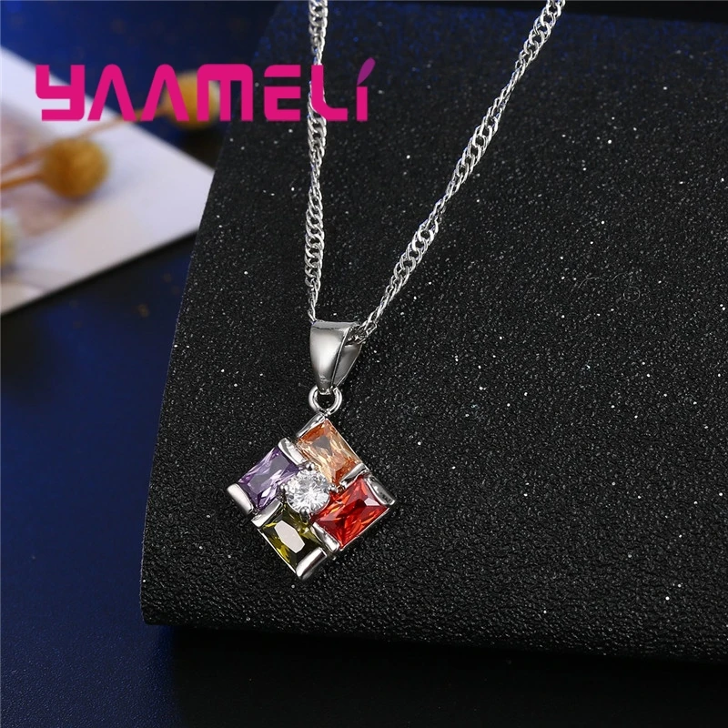 925 Sterling Silver Pendant Necklace Earrings Sets Luxury Romantic Style Geometric Pattern Colorful For Women Wedding