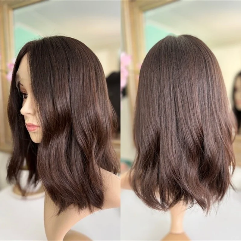 Women's Wig 13x4 Ombre Chocolate Brown Soft HD Lace Front Wig Fashion Synthetic Wig Preplucked Hairline 12 Inch 1Short Wave Bob