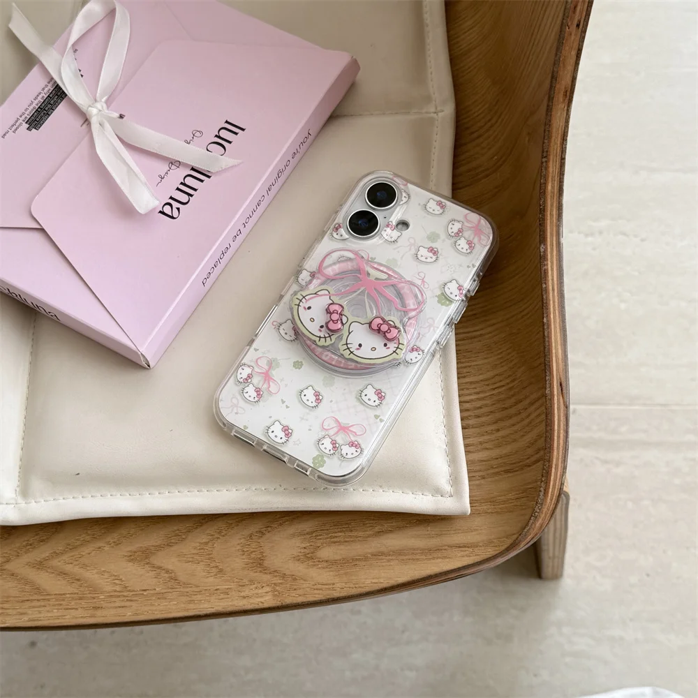 かわいいリボンのハローキティ、iPhone 14、15、16 Pro Max、14 Pro対応の新型スマホケース、マグネット式スタンド付き耐衝撃保護カバー1